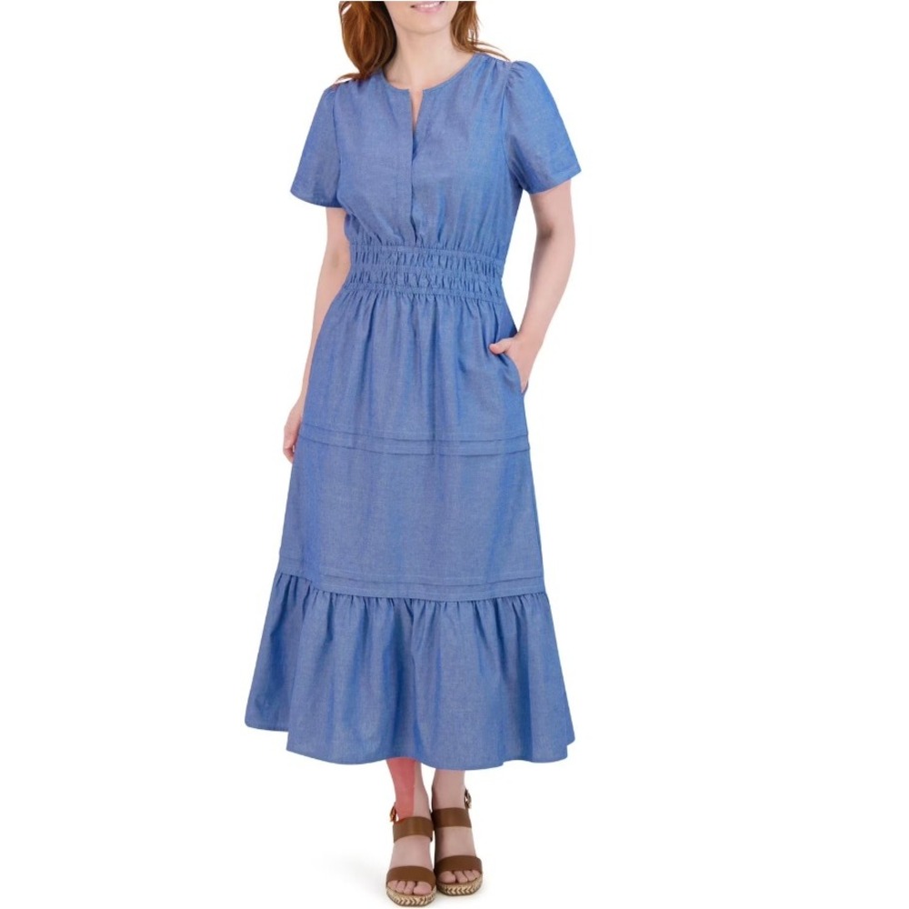 French Connection Women's Chambray Cotton Tiered Skirt Maxi Dress Size XS NWT